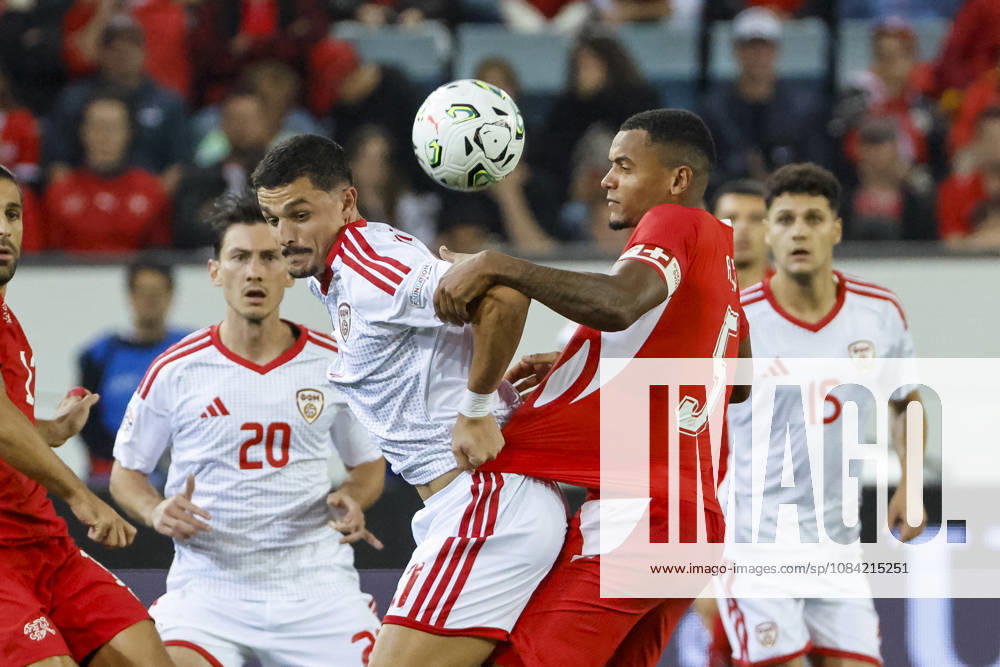 Elmin Rastoder of North Macedonia, 11, and Manuel Akanji of Switzerland, 05, in a tackle; Switzerland, UEFA, Nations League, Matchday 4, Switzerland vs. North Macedonia, October 6, 2026, Swissporarena, Lucerne, Switzerland