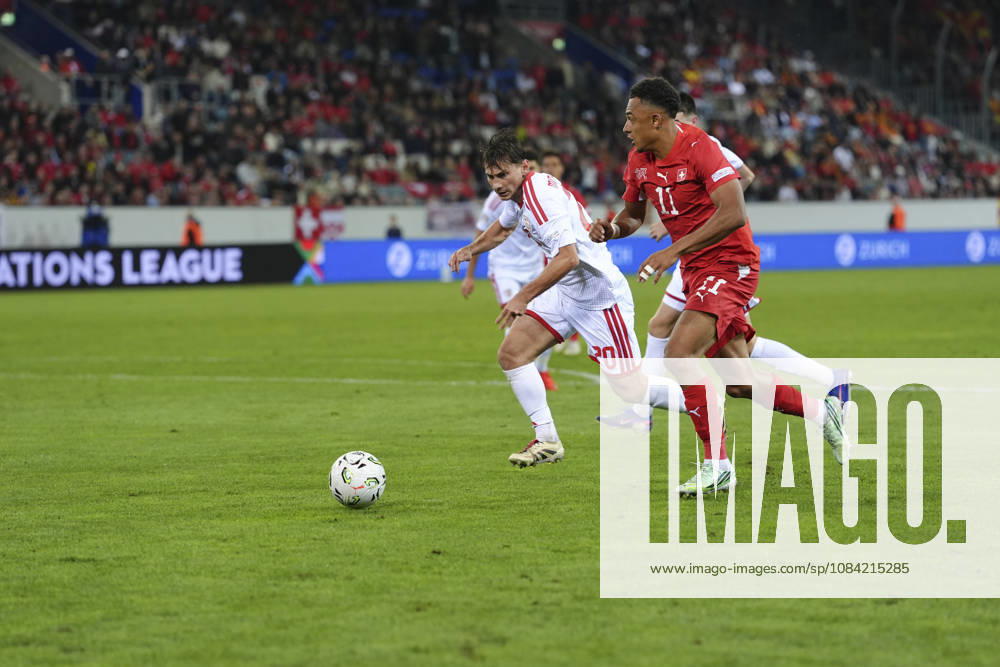 Dan Ndoye (11 SUI) against Dimitar Mitrovski (20 MKD) during the UEFA Nations League match between Switzerland and North Macedonia at thermoplan arena on October 06, 2026 in Luzern, Switzerland.