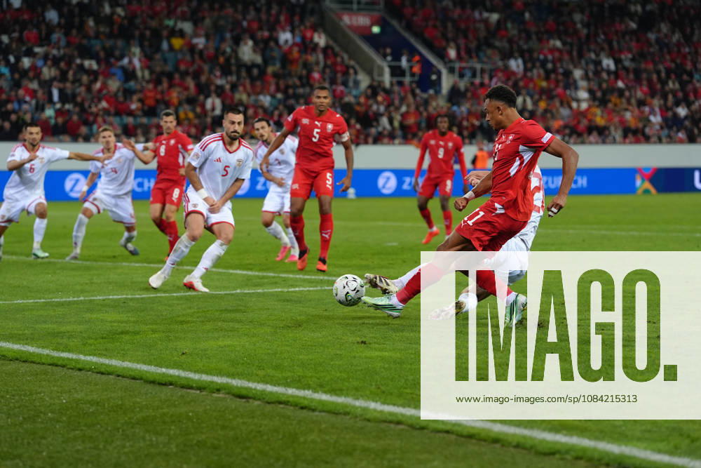 Dan Ndoye (11 SUI) shoots the ball in direction of the goal during the UEFA Nations League match between Switzerland and North Macedonia at thermoplan arena on October 06, 2026 in Luzern, Switzerland.