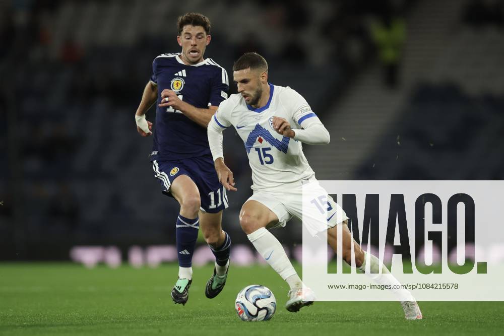 6th October 2026; Hampden Park, Glasgow, Scotland; UEFA Nations League Football, Scotland versus Slovenia; Danijel Sturm of Slovenia goes past Ryan Christie of Scotland DavidxYoung
