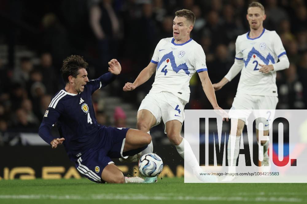 6th October 2026; Hampden Park, Glasgow, Scotland; UEFA Nations League Football, Scotland versus Slovenia; Mark Zabukovnik of Slovenia is tackled by Luis Binks of Scotland DavidxYoung