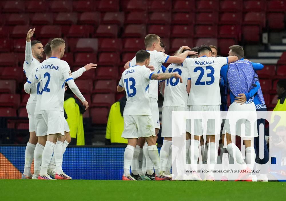 Aljosa Matko of Slovenia celebrates with team mates after scoring to tie the game 1-1. Scotland v Slovenia, Football, UEFA Nation s League, Group B1, Hampden Park, Glasgow, UK, Hampden Park, Glasgow, Scotland, Scotland, UK - 06 Oct 2026Glasgow Hampden Park Scotland United Kingdom