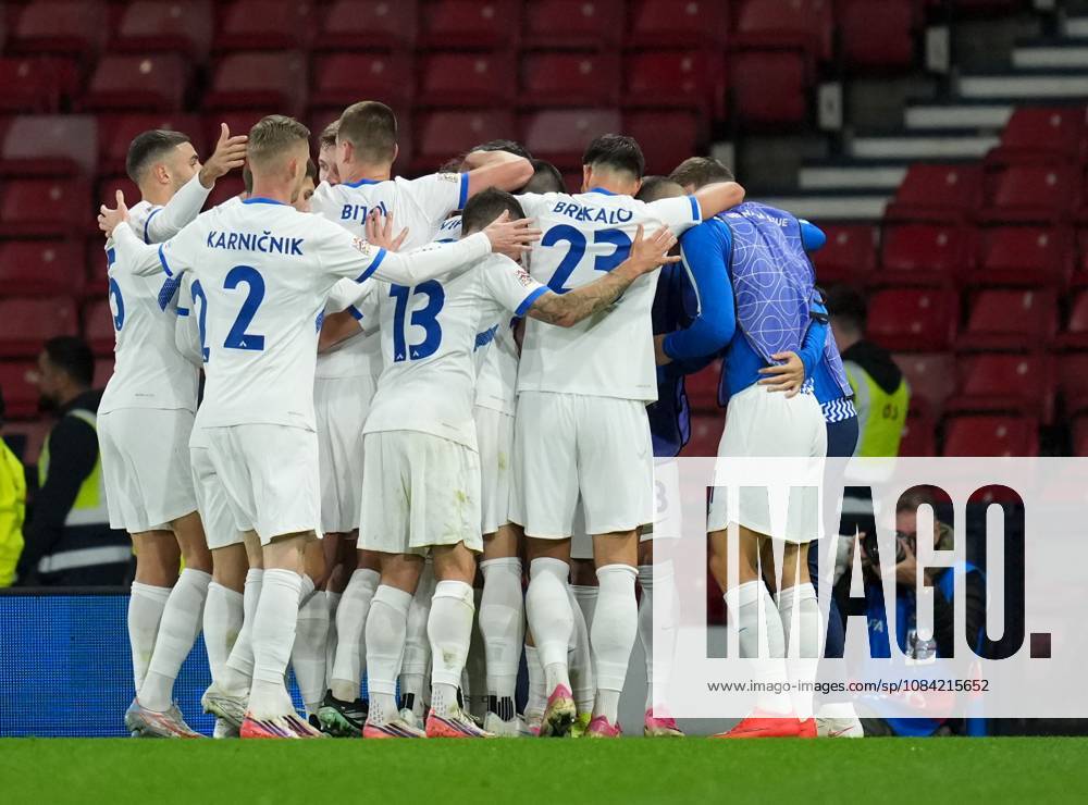 Aljosa Matko of Slovenia celebrates with team mates after scoring to tie the game 1-1. Scotland v Slovenia, Football, UEFA Nation s League, Group B1, Hampden Park, Glasgow, UK, Hampden Park, Glasgow, Scotland, Scotland, UK - 06 Oct 2026Glasgow Hampden Park Scotland United Kingdom
