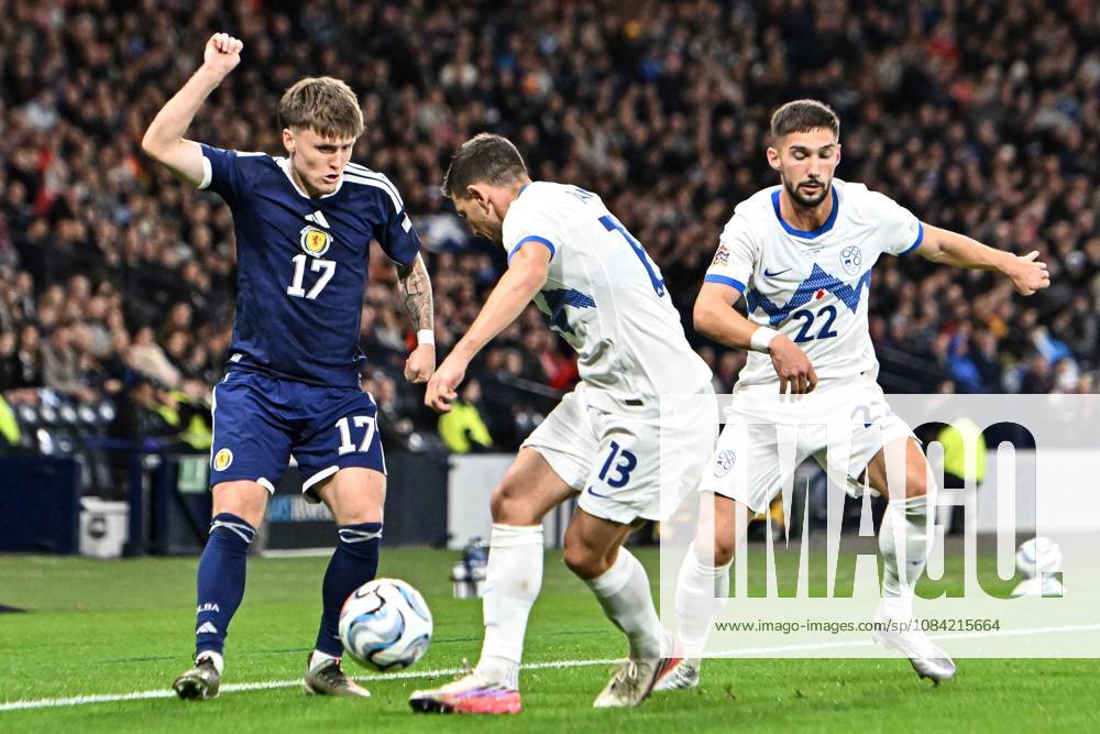 Scotland v Slovenia UEFA Nations League Ben Gannon-Doak of Scotland takes on Erik Janza and Adam Gnezda Cerin of Slovenia during the UEFA Nations League match at Barclays Hampden, Glasgow 06 10 2026 UK Newspapers OUT