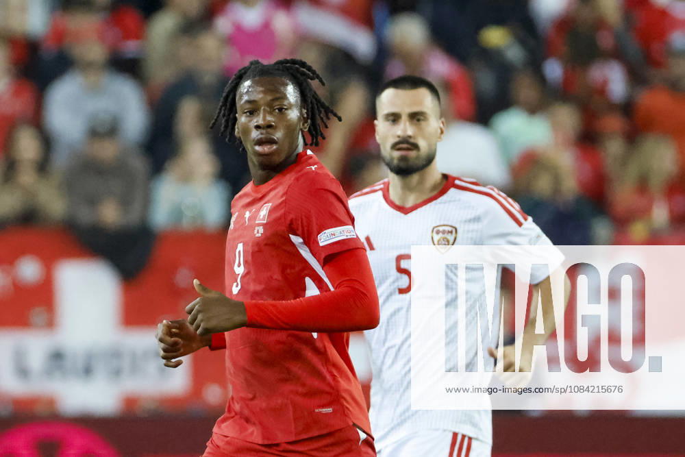 Johan Manzambi, Switzerland, 09, and Gjorko Zajkov, North Macedonia, 05, Switzerland, UEFA, Nations League, Matchday 4, Switzerland vs. North Macedonia, October 6, 2026, Lucerne Swissporarena, Switzerland