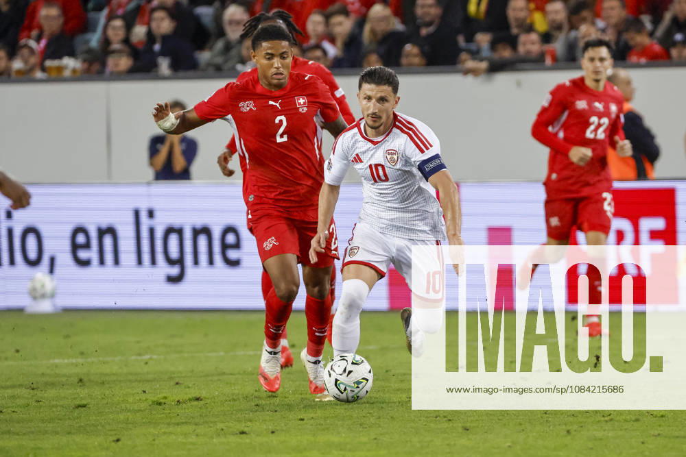 Sascha Britschgi (Switzerland), 2, and Enis Bardhi (North Macedonia), 10, in a footrace; Switzerland, UEFA, Nations League, Matchday 4, Switzerland vs. North Macedonia, October 6, 2026, Swissporarena, Lucerne, Switzerland