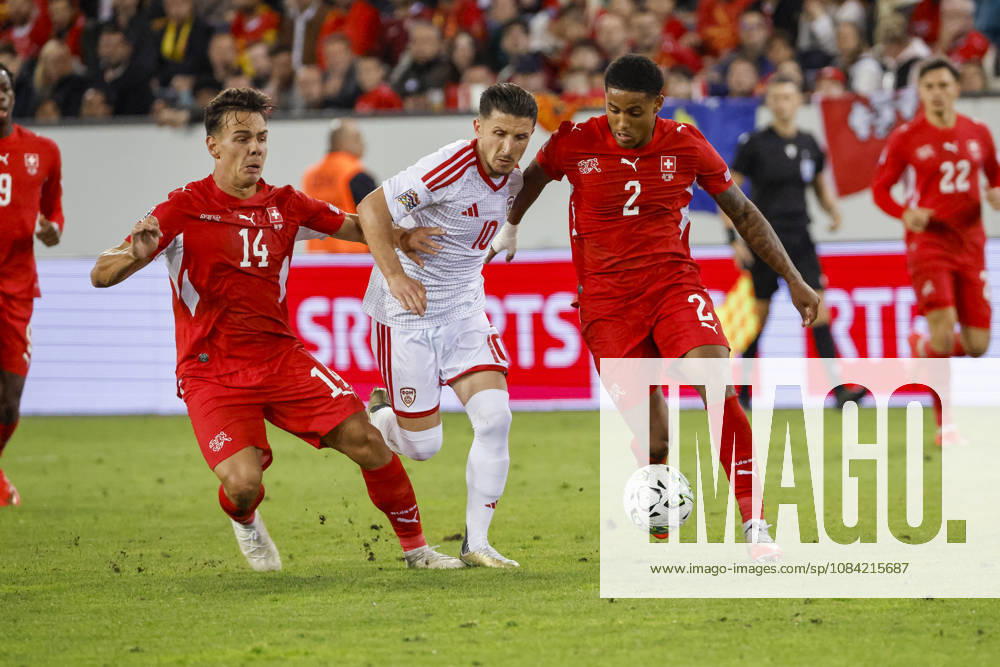 Ardon Jashari (Switzerland), 14, Enis Bardhi (North Macedonia), 10, and Sascha Britschgi (Switzerland), 2, battling for the ball; Switzerland, UEFA, Nations League, Matchday 4, Switzerland vs. North Macedonia, October 6, 2026, Lucerne, Swissporarena, Switzerland