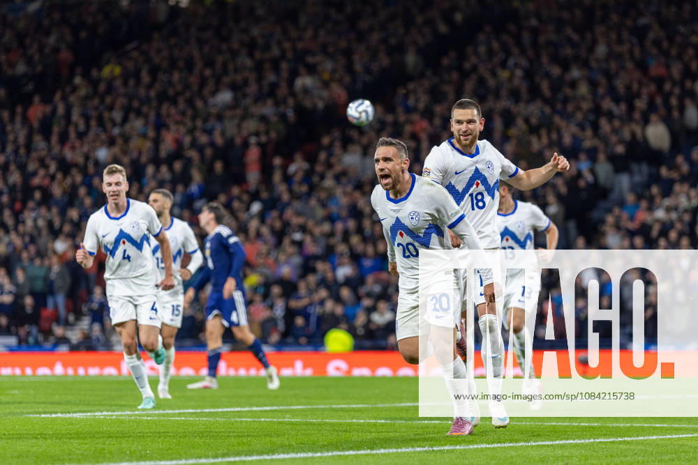 6th October 2026; Hampden Park, Glasgow, Scotland; UEFA Nations League Football, Scotland versus Slovenia; Aljosa Matko of Slovenia celebrates after he shoots and scores in the 56th minute to make it 1-1 VagelisxGeorgariou