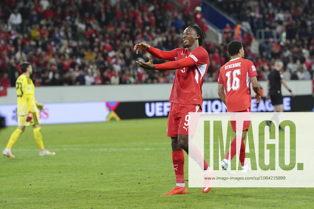 Johan Manzambi (9 SUI) celebrates his goal during the UEFA Nations League match between Switzerland and North Macedonia at thermoplan arena on October 06, 2026 in Luzern, Switzerland.