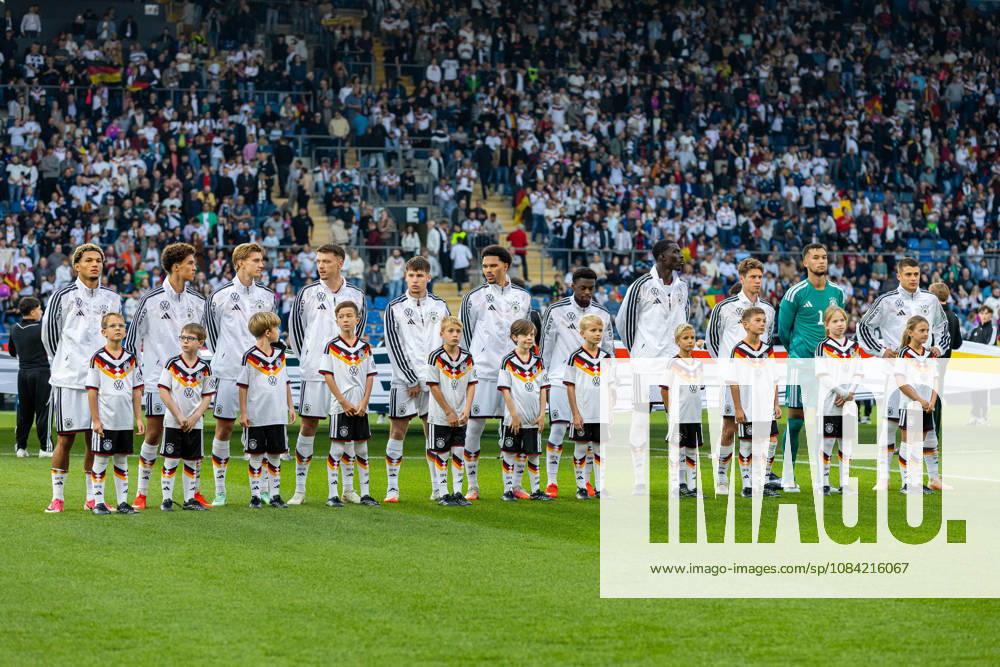 The Germany U21 players during the national anthem GER, Germany GER vs. Georgia GEO, soccer, UEFA U21 European Championship Qualifiers, Group F, Matchday 13, 2026–2027 season, October 6, 2026 GER, Germany GER vs. Georgia GEO, soccer, UEFA U-21 European Championship Qualifiers, Group F, Matchday 13, 2026–2027 season, October 6, 2026, Bielefeld