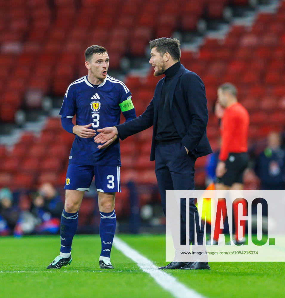 Scotland v Slovenia, UEFA Nations League, League B Group 1 : Seb Pocognoli and Andy Robertson have touchline disagreement
