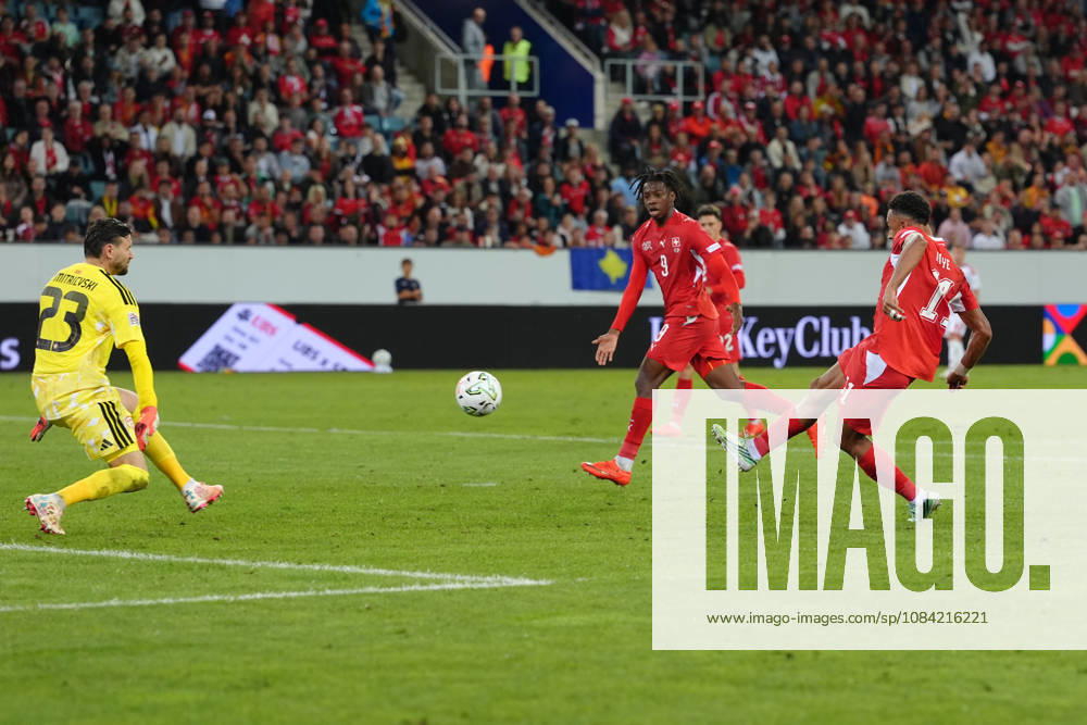 Dan Ndoye (11 SUI) scored against Goalkeeper Stole Dimitrievski (23 MKD) during the UEFA Nations League match between Switzerland and North Macedonia at thermoplan arena on October 06, 2026 in Luzern, Switzerland.