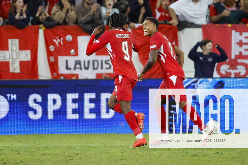 Switzerland celebrates Johan Manzambi s 2-0 goal, Switzerland, 09, joy, excitement, positive emotions, goal, with Sascha Britschgi, Switzerland, 2, Switzerland, UEFA, Nations League, Matchday 4, Switzerland vs. North Macedonia, October 6, 2026, Lucerne Swissporarena, Switzerland