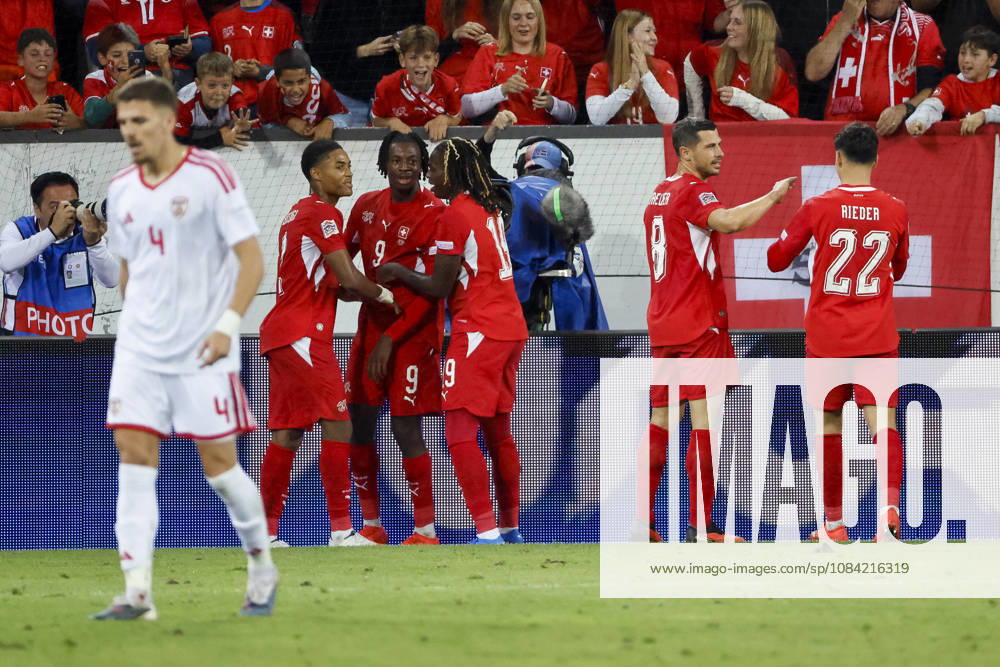 Goal celebration in Switzerland after Johan Manzambi s 2-0 goal, Switzerland, 09, joy, excitement, positive emotions, goal, Switzerland, UEFA, Nations League, Matchday 4, Switzerland vs. North Macedonia, October 6, 2026, Lucerne Swissporarena, Switzerland