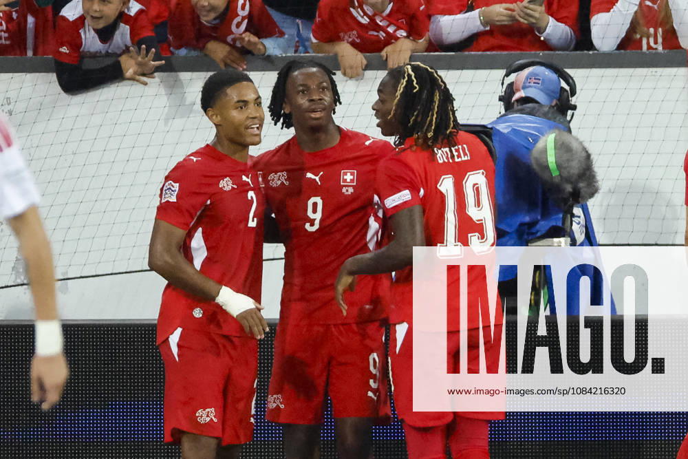 Goal celebration in Switzerland after Johan Manzambi s 2-0 goal, Switzerland, 09, joy, excitement, positive emotions, goal, Switzerland, UEFA, Nations League, Matchday 4, Switzerland vs. North Macedonia, October 6, 2026, Lucerne Swissporarena, Switzerland