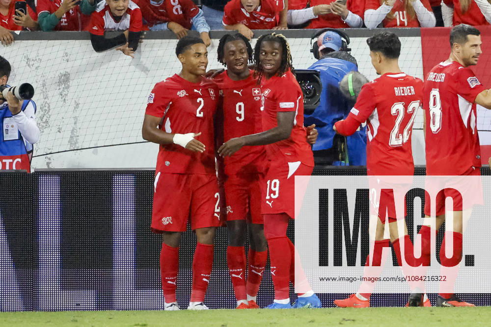 Goal celebration in Switzerland after Johan Manzambi s 2-0 goal, Switzerland, 09, joy, excitement, positive emotions, goal, Switzerland, UEFA, Nations League, Matchday 4, Switzerland vs. North Macedonia, October 6, 2026, Lucerne Swissporarena, Switzerland