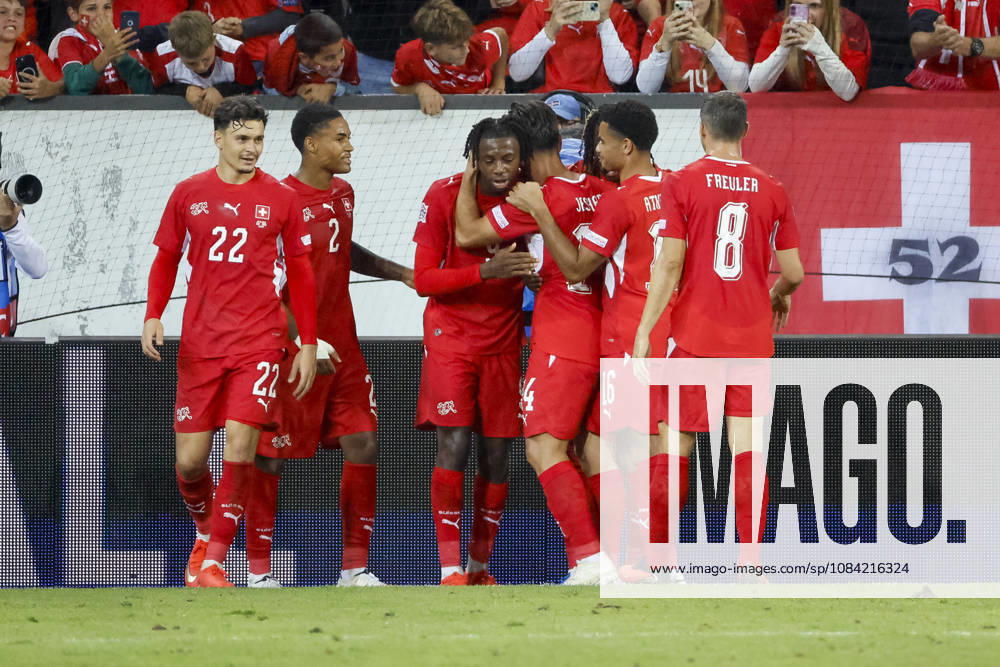 Goal celebration in Switzerland after Johan Manzambi s 2-0 goal, Switzerland, 09, joy, excitement, positive emotions, goal, Switzerland, UEFA, Nations League, Matchday 4, Switzerland vs. North Macedonia, October 6, 2026, Lucerne Swissporarena, Switzerland
