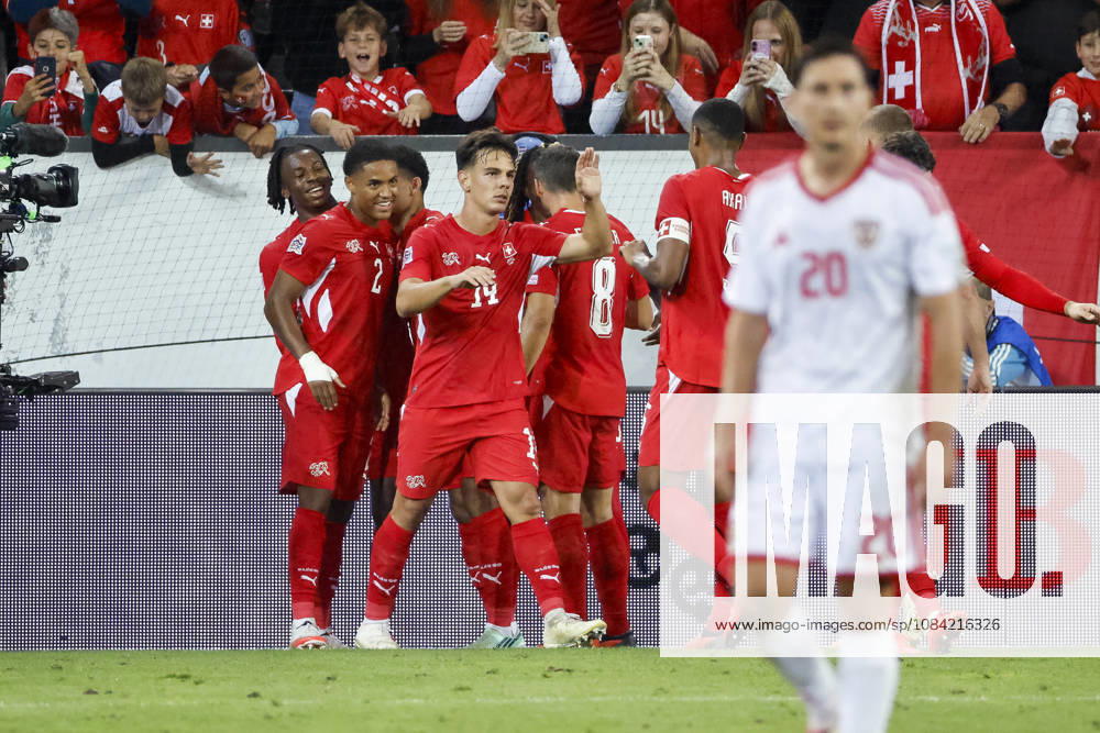 Goal celebration in Switzerland after Johan Manzambi s 2-0 goal, Switzerland, 09, joy, excitement, positive emotions, goal, Switzerland, UEFA, Nations League, Matchday 4, Switzerland vs. North Macedonia, October 6, 2026, Lucerne Swissporarena, Switzerland