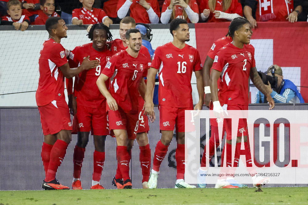 Goal celebration in Switzerland after Johan Manzambi s 2-0 goal, Switzerland, 09, joy, excitement, positive emotions, goal, Switzerland, UEFA, Nations League, Matchday 4, Switzerland vs. North Macedonia, October 6, 2026, Lucerne Swissporarena, Switzerland