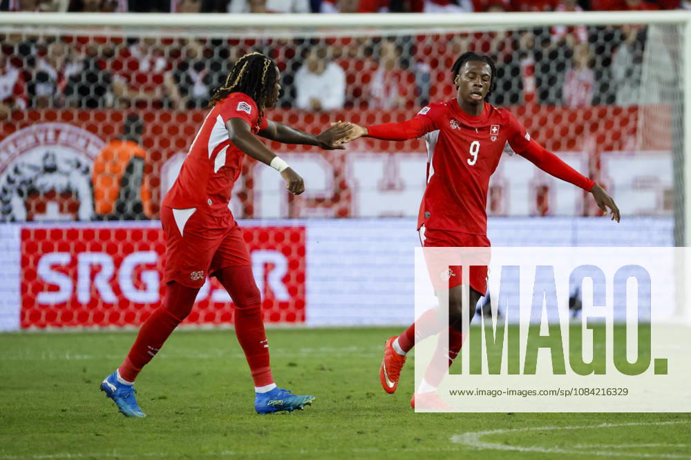 Winsley Boteli (Switzerland), 19, and Johan Manzambi (Switzerland), 09, after the 2-0 win, Switzerland, UEFA Nations League, Matchday 4, Switzerland vs. North Macedonia, October 6, 2026, Swissporarena, Lucerne, Switzerland