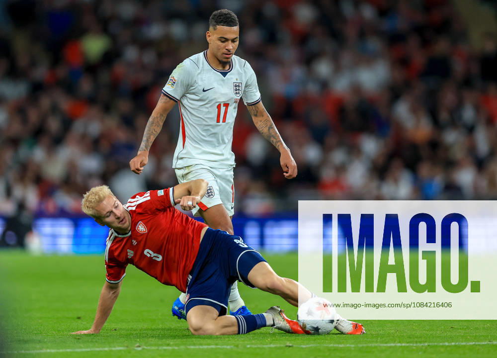 England v Czechia - UEFA Nations League 2026 27 Group A3 MD4 Ondrej Zmrzly of Czechia and Morgan Rogers of England challenge during the UEFA Nations League 2026 27 group phase match between England and Czechia at Wembley Stadium on October 6, 2026 in London, England. London Wembley Stadium England United Kingdom