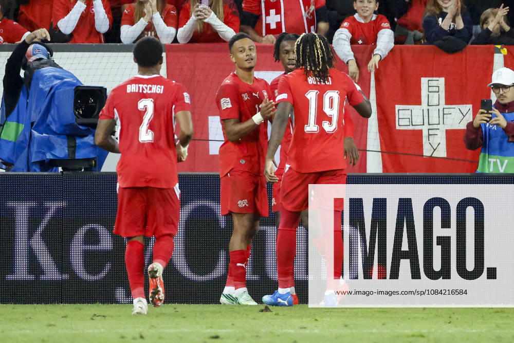 Goal celebration in Switzerland after Dan Ndoye s 3-0 goal; Switzerland, 11; joy, excitement, positive emotions, goal, Switzerland, UEFA, Nations League, Matchday 4, Switzerland vs. North Macedonia, October 6, 2026, Lucerne Swissporarena, Switzerland