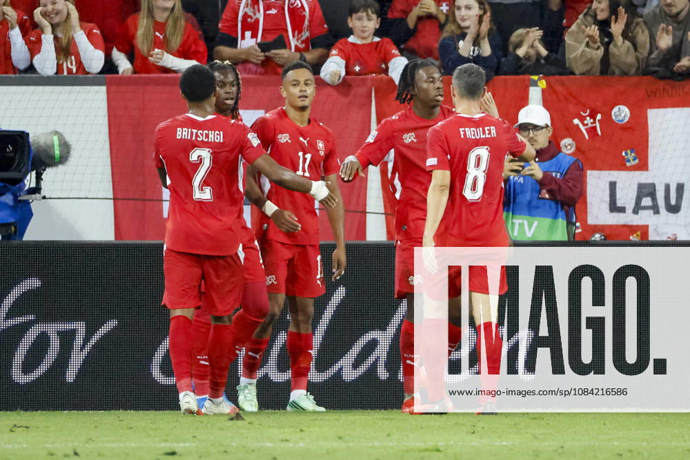 Goal celebration in Switzerland after Dan Ndoye s 3-0 goal; Switzerland, 11; joy, excitement, positive emotions, goal, Switzerland, UEFA, Nations League, Matchday 4, Switzerland vs. North Macedonia, October 6, 2026, Lucerne Swissporarena, Switzerland