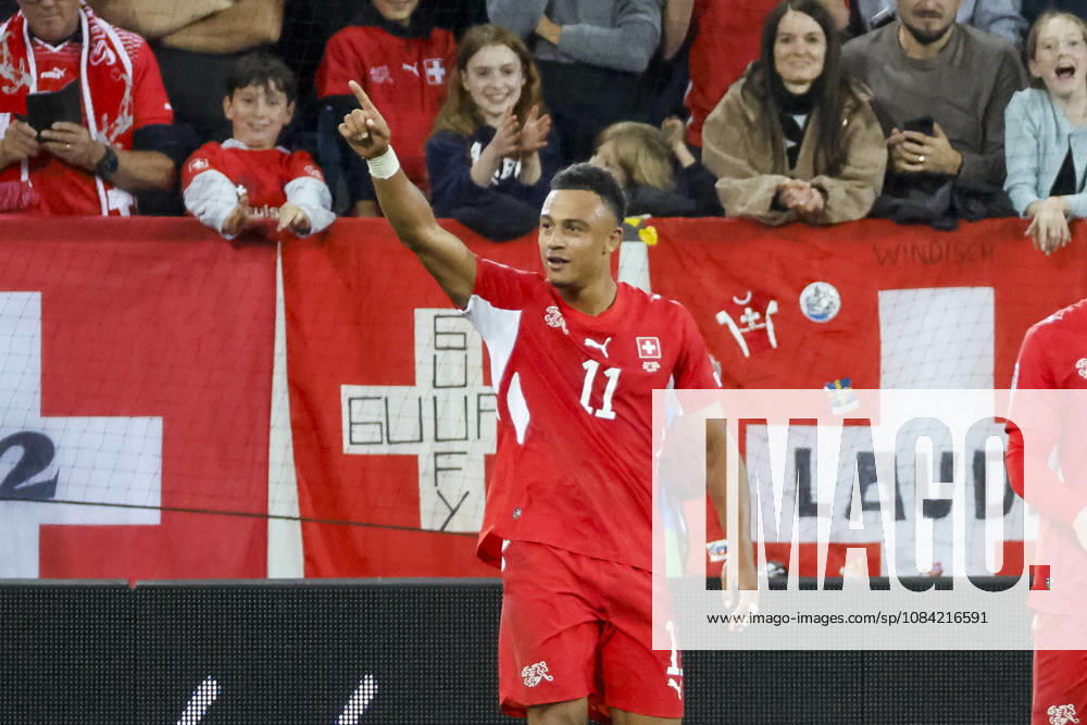 Dan Ndoye celebrates his goal for Switzerland, 11, after scoring to make it 3–0—joy, excitement, positive emotions, goal, Switzerland, UEFA, Nations League, Matchday 4, Switzerland vs. North Macedonia, October 6, 2026, Lucerne, Swissporarena, Switzerland