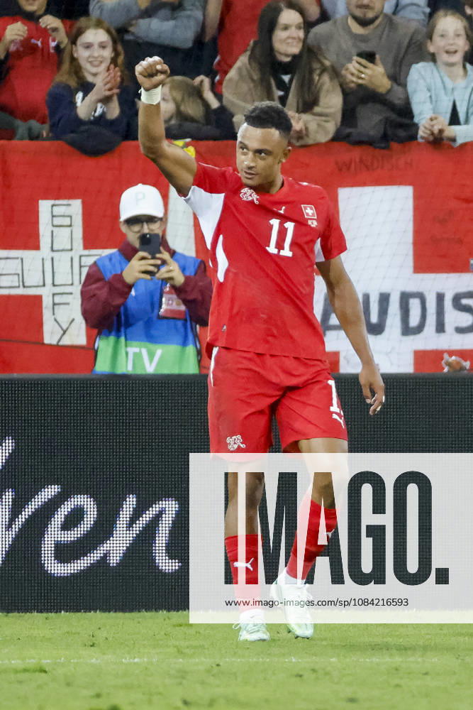 Dan Ndoye celebrates his goal for Switzerland, 11, after scoring to make it 3–0—joy, excitement, positive emotions, goal, Switzerland, UEFA, Nations League, Matchday 4, Switzerland vs. North Macedonia, October 6, 2026, Lucerne, Swissporarena, Switzerland