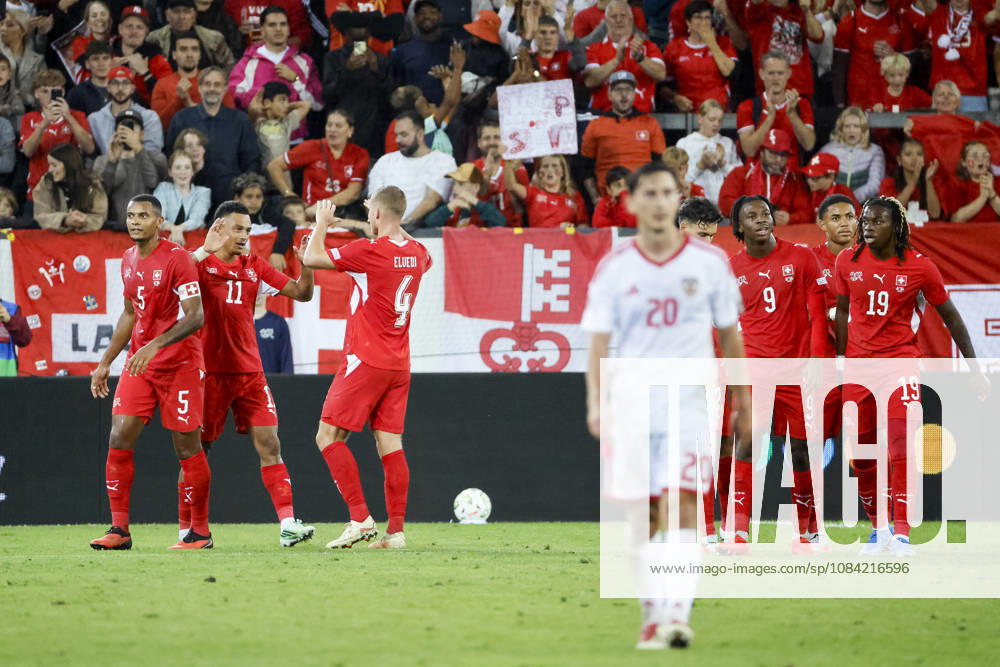 Goal celebration in Switzerland after Dan Ndoye s 3-0 goal; Switzerland, 11; joy, excitement, positive emotions, goal, Switzerland, UEFA, Nations League, Matchday 4, Switzerland vs. North Macedonia, October 6, 2026, Lucerne Swissporarena, Switzerland