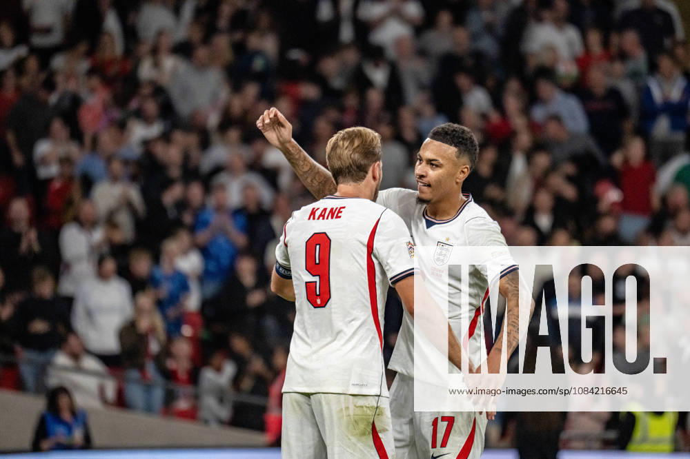 UEFA Nations League, England vs. Czech Republic: Harry Kane is embraced by Morgan Rogers after Kane scores the 2-0 goal in London