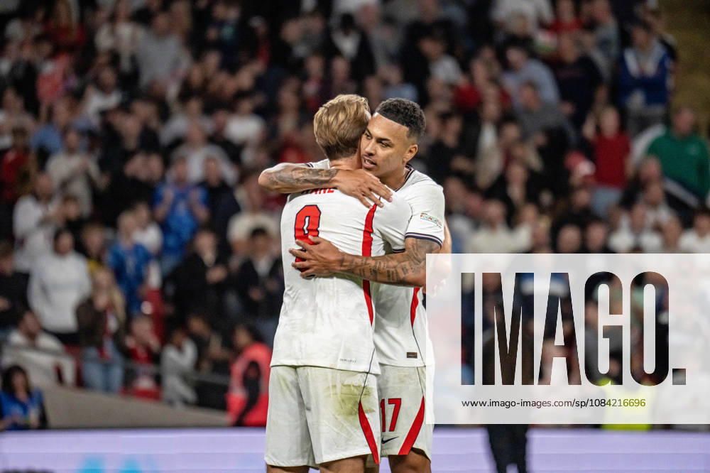 UEFA Nations League, England vs. Czech Republic: Harry Kane is embraced by Morgan Rogers after Kane scores the 2-0 goal in London