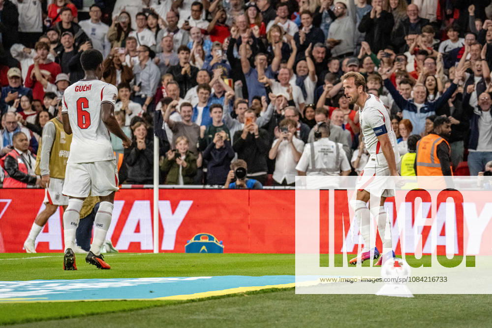 UEFA Nations League, England vs. Czech Republic, pre-match: Marc Guhi; England celebrates with Harry Kane, who scores the 3-0 goal with a header. In the background, celebrating fans in London.