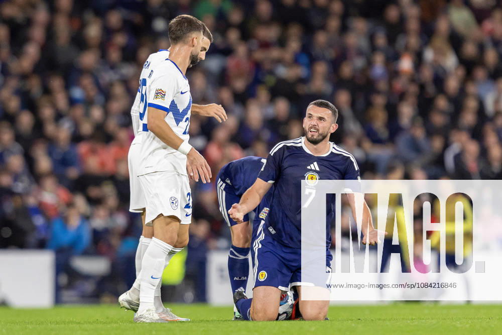 Scotland v Slovenia, UEFA Nations League John McGinn of Scotland national team, Nationalteam looks up in disgust after being brought down during the UEFA Nations League League B Group B1 between Scotland and Slovenia. Barclays Hampden, Hampden Park, Glasgow, Scotland. 6 October 2026. Hampden Park Barclays Hampden Glasgow Scotland Editorial use only ,
