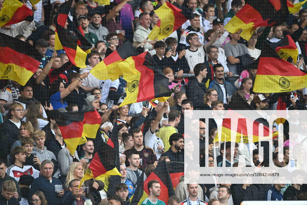 German fans with their flags, feature, background image, symbolic photo, international soccer match, U21, European Championship qualifier, Germany vs. Georgia 2–0 on October 6, 2026, Schüco Arena, Bielefeld, Â