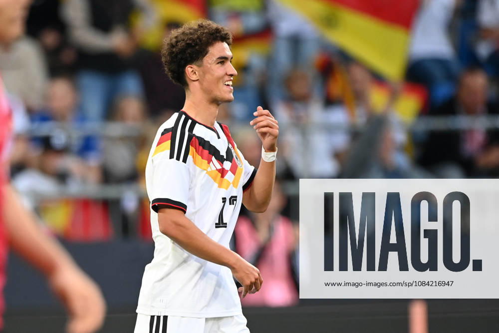 Noah DARVICH GER celebrates after scoring the 1-0 goal; celebration, cheering, joy, cheers, The goal is later credited to Dzenan PEJCINOVIC (GER), international soccer match, U21, European Championship qualifier, Germany vs. Georgia 2–0 on October 6, 2026, Schüco Arena, Bielefeld, Â