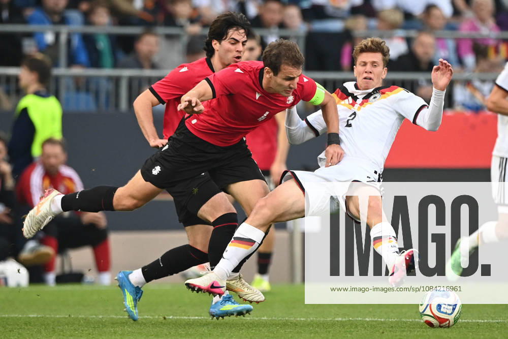 Elias BAUM GER vs. Aleksandre Narimanidze GEO Action, Tackle, International Soccer Match, U21, European Championship Qualifiers, Germany vs. Georgia 2–0 on October 6, 2026, Schüco Arena, Bielefeld, Â
