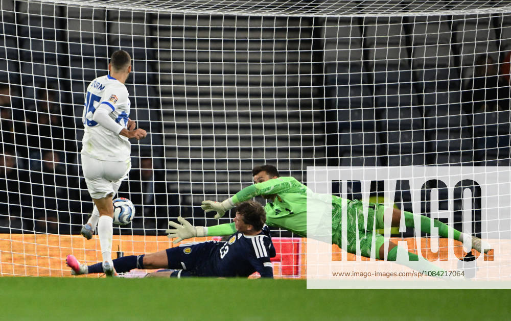 Glasgow, Scotland, 6th October 2026. Danijel Strum of Slovenia scores his sides 2nd goal during the Scotland vs Slovenia UEFA Nations League match at Hampden Park, Glasgow. Picture credit should read: Neil Hanna Sportimage . SPI_039_NH_Scotland_Slovenia SPI-5054-0042