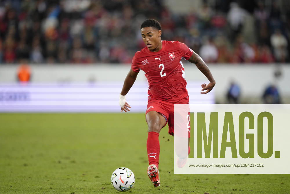 Sascha Britschgi (2 SUI) in action with the ball during the UEFA Nations League match between Switzerland and North Macedonia at thermoplan arena on October 06, 2026 in Luzern, Switzerland.