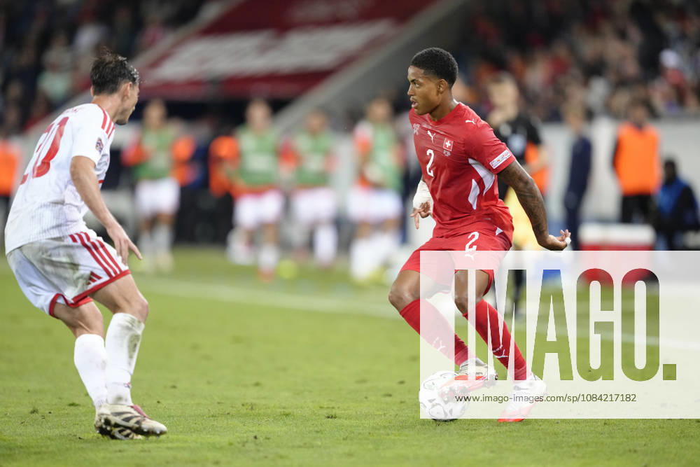 Sascha Britschgi (2 SUI) against Dimitar Mitrovski (20 MKD) during the UEFA Nations League match between Switzerland and North Macedonia at thermoplan arena on October 06, 2026 in Luzern, Switzerland.