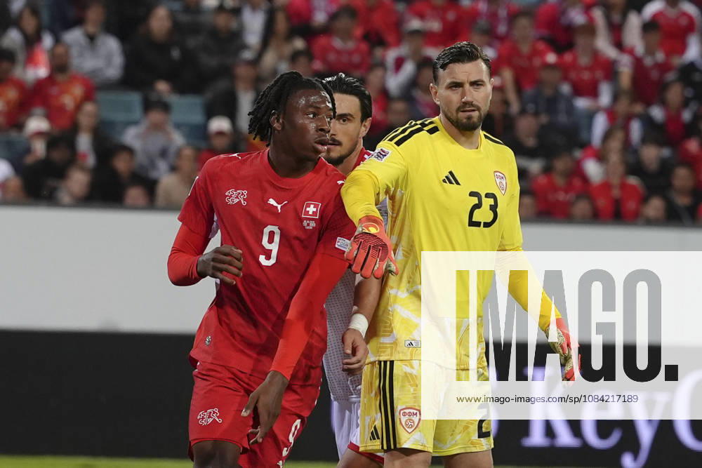 Stole Dimitrievski (Goalkeeper 23 MKD) against Johan Manzambi (9 SUI) during the UEFA Nations League match between Switzerland and North Macedonia at thermoplan arena on October 06, 2026 in Luzern, Switzerland.