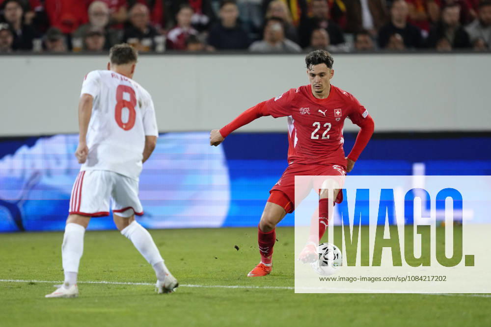 Fabian Rieder (22 SUI) against Ezgjan Alioski (8 MKD) during the UEFA Nations League match between Switzerland and North Macedonia at thermoplan arena on October 06, 2026 in Luzern, Switzerland.