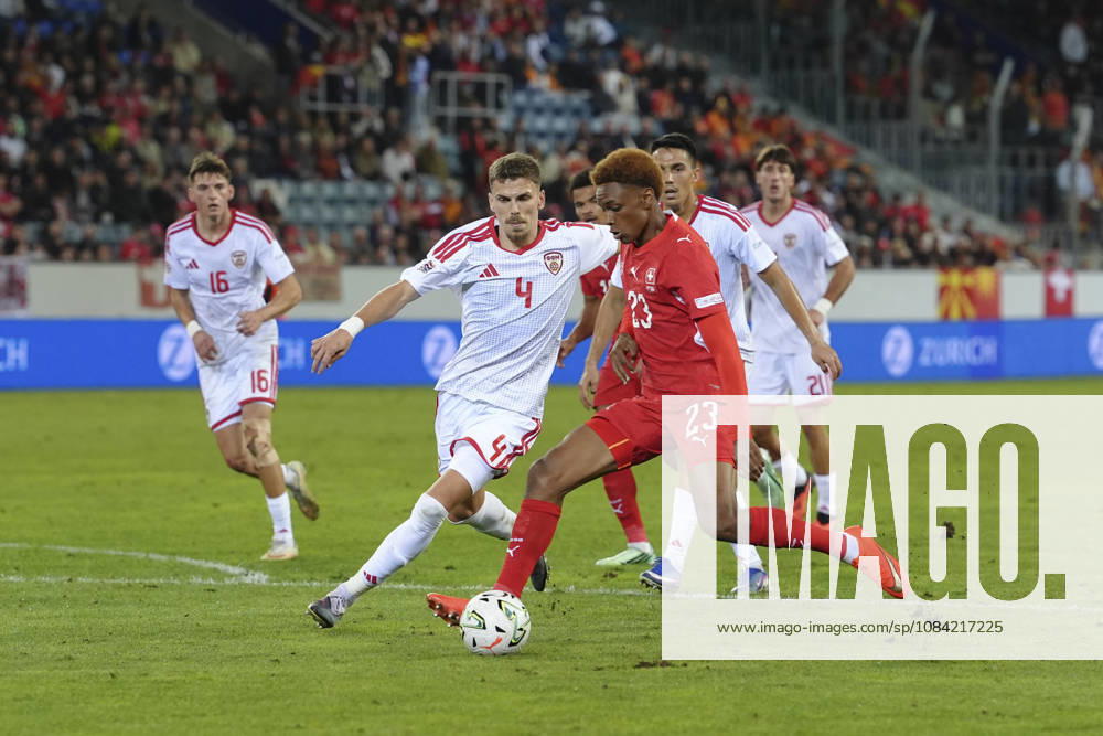 Andrej Stojchevski (4 MKD) against Alvyn Antonio Sanches (23 SUI) during the UEFA Nations League match between Switzerland and North Macedonia at thermoplan arena on October 06, 2026 in Luzern, Switzerland.