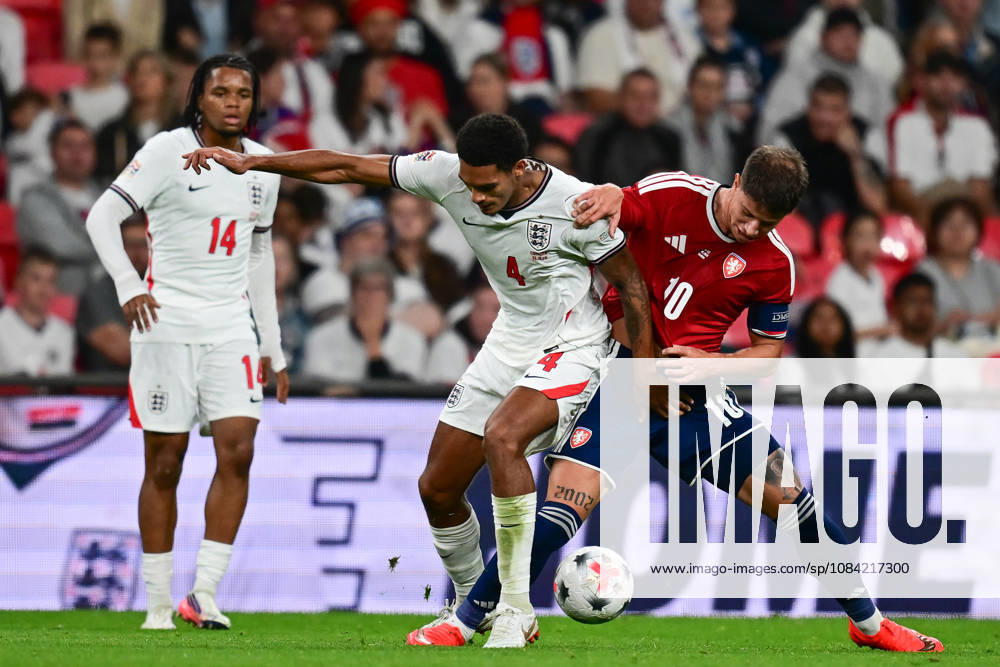 England v Czechia, UEFA Nations League Czechia forward Adam Hlozek (10) battles for possession with England defender Jarell Quansah (4) during the UEFA Nations League match between England and Czechia at Wembley Stadium, London, UK on 6 October 2026. London Wembley Stadium Greater London UK Editorial use only ,