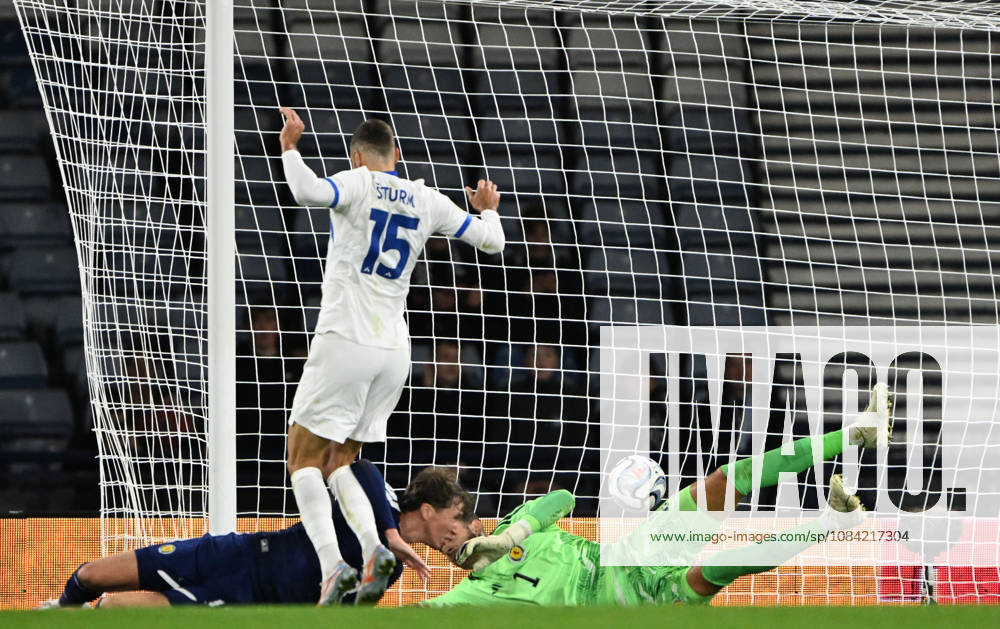 Glasgow, Scotland, 6th October 2026. Danijel Strum of Slovenia scores his sides 2nd goal during the Scotland vs Slovenia UEFA Nations League match at Hampden Park, Glasgow. Picture credit should read: Neil Hanna Sportimage . SPI_044_NH_Scotland_Slovenia SPI-5054-0044