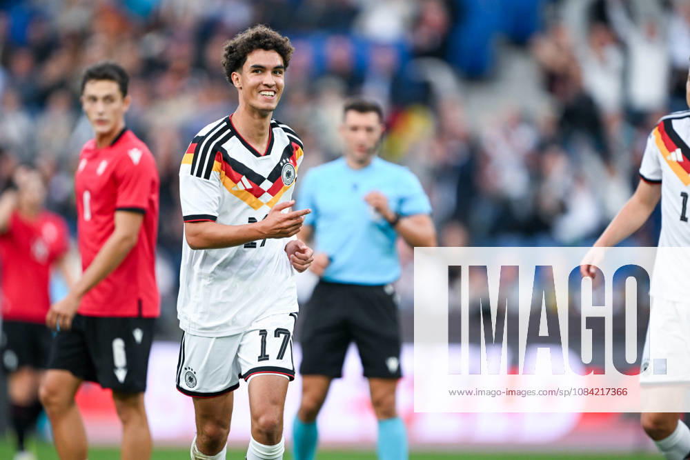 U-21 International Match 26-27: Germany vs. Georgia on October 6, 2026, at the SchücoArena in Bielefeld—Cheers, goal celebrations, goal scorers, goal scorer Noah Darvich—Germany celebrates after his goal to make it 1-0 MT