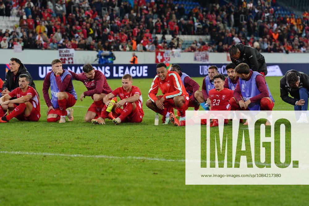Dan Ndoye (11 SUI), Fabian Rieder (22 SUI), Eray Ervin Comert (18 SUI), Nico Elvedi (4 SUI), Michel Aebischer (20 SUI), Remo Freuler (8 SUI), Vincent Sierro (6 SUI), Anthony Racioppi (Goalkeeper 1 SUI) and Cedric Itten (17 SUI) in front of the fans after winning the UEFA Nations League match between Switzerland and North Macedonia at thermoplan arena on October 06, 2026 in Luzern, Switzerland.