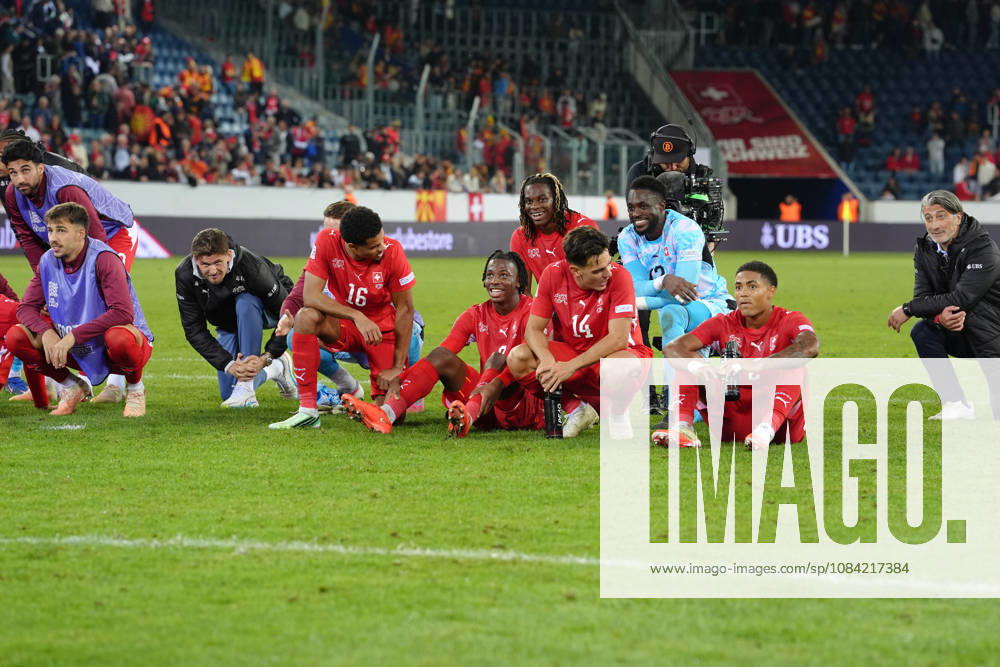 Johan Manzambi (9 SUI), Yvon Landry Mvogo Nganoma (Goalkeeper 12 SUI), Sascha Britschgi (2 SUI), Ardon Jashari (14 SUI), Winsley Boteli Mokango (19 SUI), Adrian Bajrami (3 SUI), Eray Ervin Comert (18 SUI) and Zachary Athekame (16 SUI) in front of the fans after winning the UEFA Nations League match between Switzerland and North Macedonia at thermoplan arena on October 06, 2026 in Luzern, Switzerland.