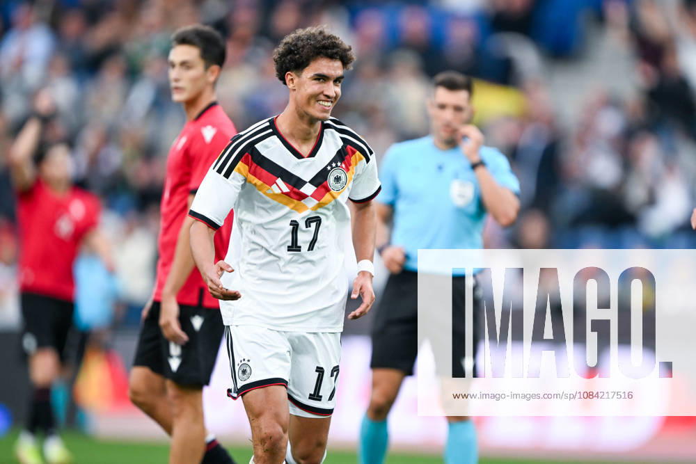 U-21 International Match 26-27: Germany vs. Georgia on October 6, 2026, at the SchücoArena in Bielefeld—Cheers, goal celebrations, goal scorers, goal scorer Noah Darvich—Germany celebrates after his goal to make it 1-0 MT