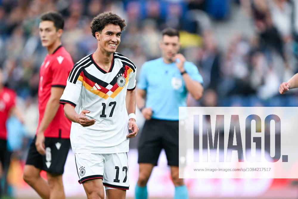 U-21 International Match 26-27: Germany vs. Georgia on October 6, 2026, at the SchücoArena in Bielefeld—Cheers, goal celebrations, goal scorers, goal scorer Noah Darvich—Germany celebrates after his goal to make it 1-0 MT